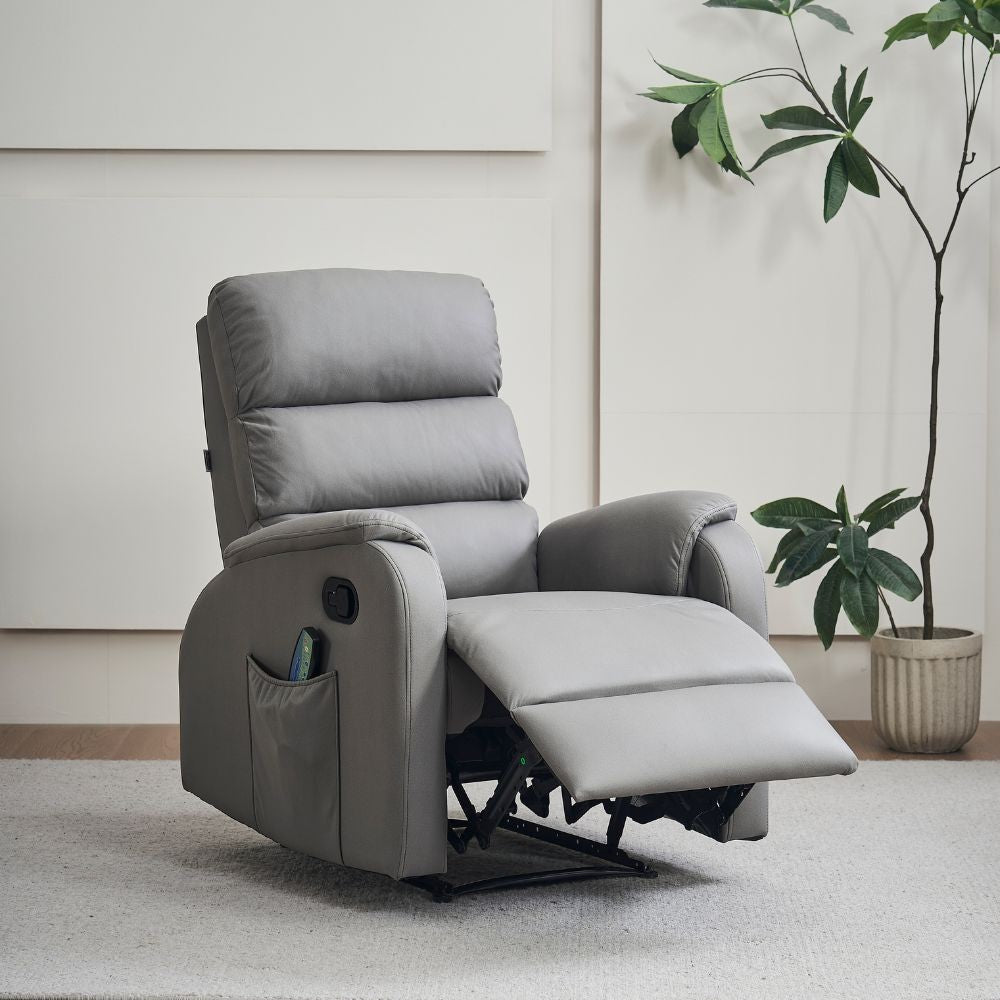 poltrona relax futura manuale 8 punti di massaggio in nabuk grigio chiaro, vista ambientata in salotto o stanza relax