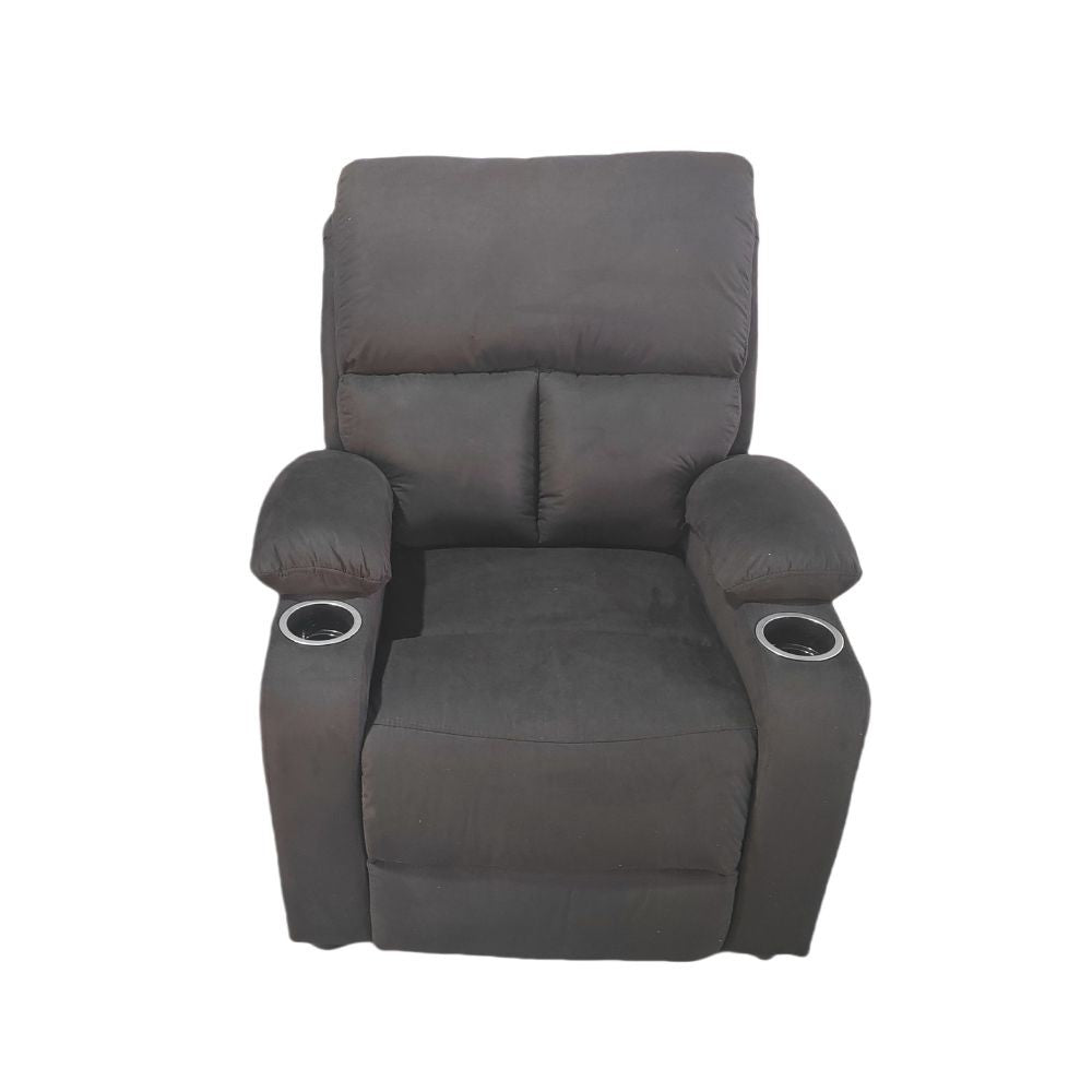 poltrona recliner manuale ninetta con portabicchieri in microfibra nero, dettaglio della seduta imbottita e poggiapiedi estensibile