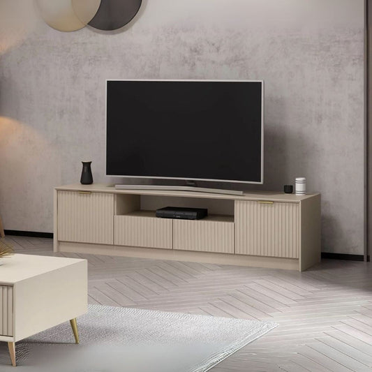 porta tv kale con 4 ante effetto cannettato e nicchia a giorno con maniglie oro, mobile porta TV moderno con ripiani e vani contenitori