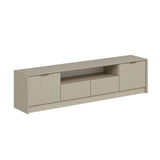 porta tv kale con 4 ante effetto cannettato e nicchia a giorno con maniglie oro, supporto stabile per TV di grandi dimensioni