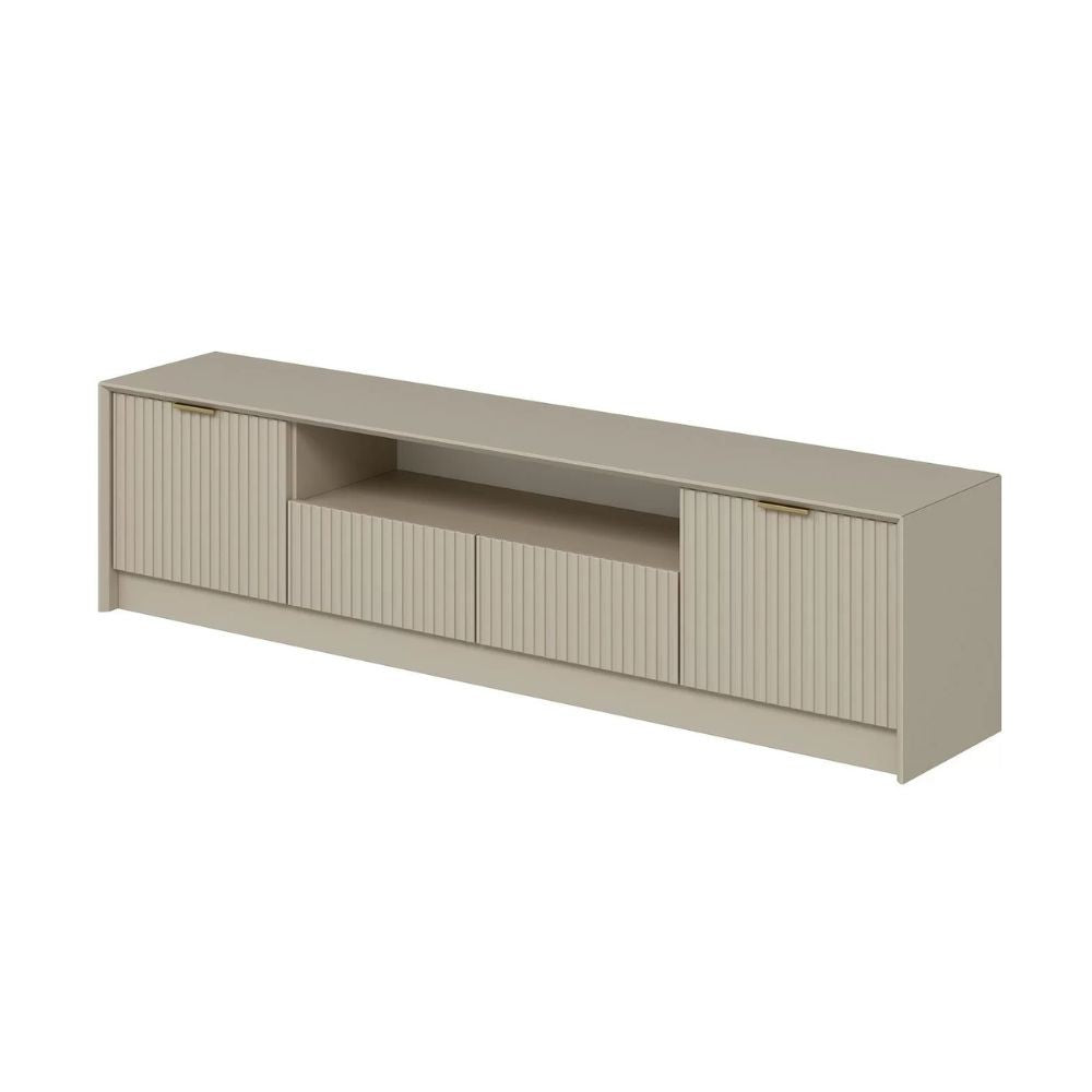 porta tv kale con 4 ante effetto cannettato e nicchia a giorno con maniglie oro, ideale per organizzare console, decoder e accessori