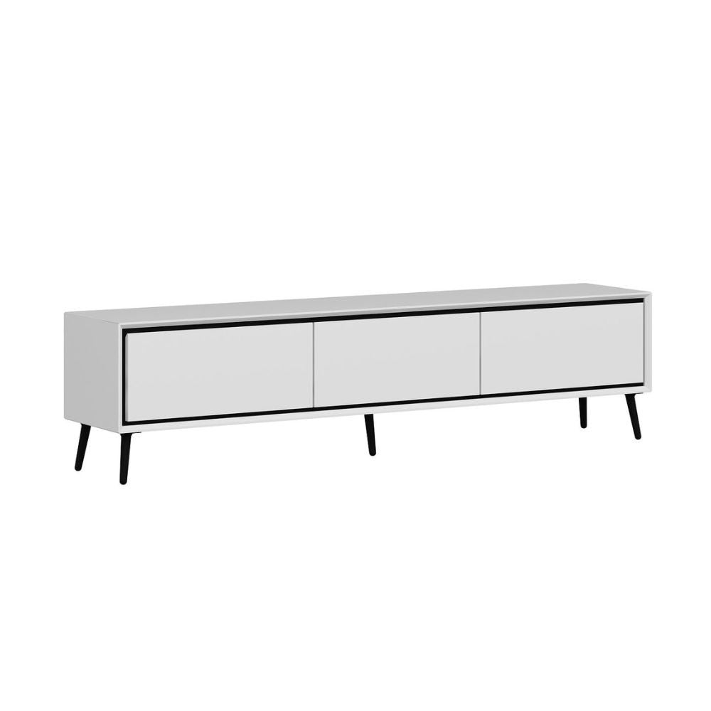 porta tv mandy con 3 ante colore bianco e piedini neri, supporto stabile per TV di grandi dimensioni