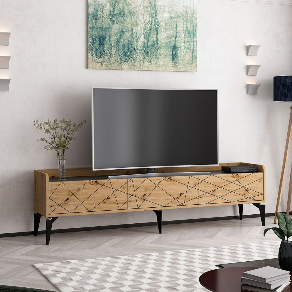 porta tv raya con 3 ante colore rovere nodato con intagli e top colore antracite, design elegante per integrare tecnologia e stile