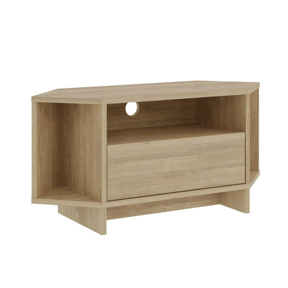 porta tv angolare viva con nicchie a giorno in colore rovere, supporto stabile per TV di grandi dimensioni