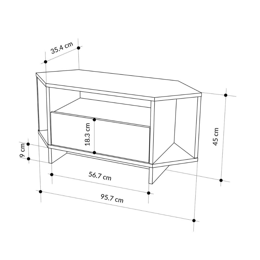 porta tv angolare viva con nicchie a giorno in colore rovere, ideale per organizzare console, decoder e accessori