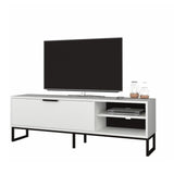 porta tv way bianco con dettagli ghisa, dettaglio delle ante e finiture in legno naturale