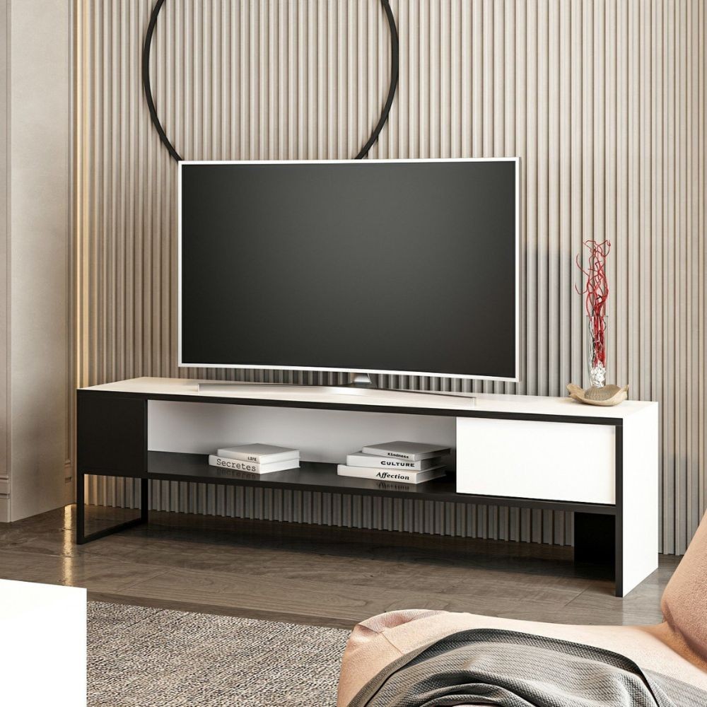 porta tv concordtv bianco e nero, dettaglio delle ante e finiture in legno naturale