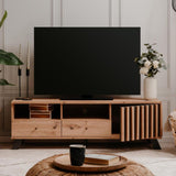 porta tv medan56a 2 cassetti e anta con vani a giorno rovere antracite, dettaglio delle ante e finiture in legno naturale