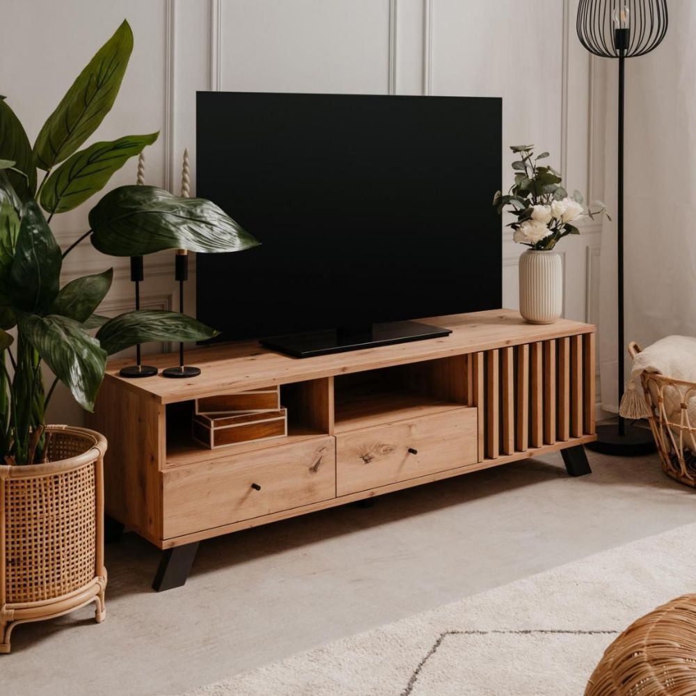 porta tv medan56a 2 cassetti e anta con vani a giorno rovere antracite, vista ambientata in soggiorno o zona living