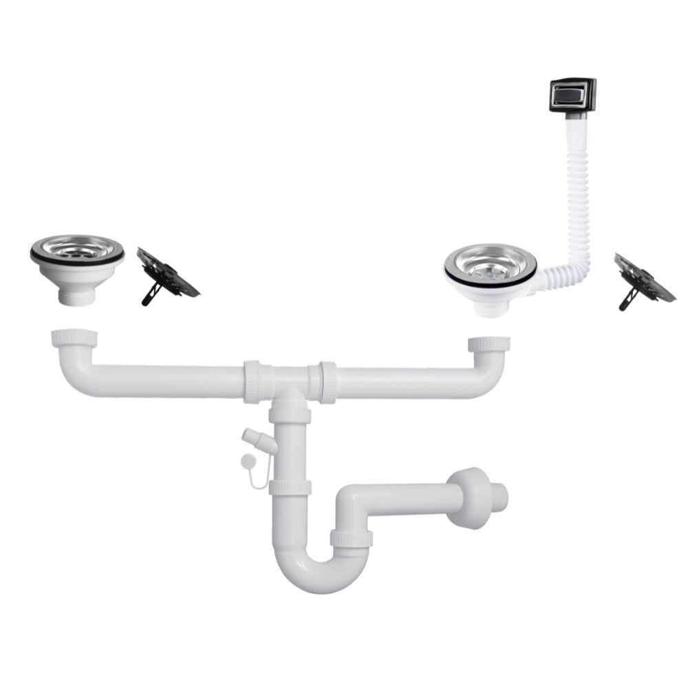 sifone a 2 vie per lavelli in quarzo con pilettone eco e troppopieno rettangolare con griglia inox, rubinetto visto frontalmente