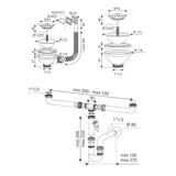 sifone a 2 vie per lavelli in quarzo con pilettone eco e troppopieno rettangolare con griglia inox, accessorio per cucina o bagno moderno