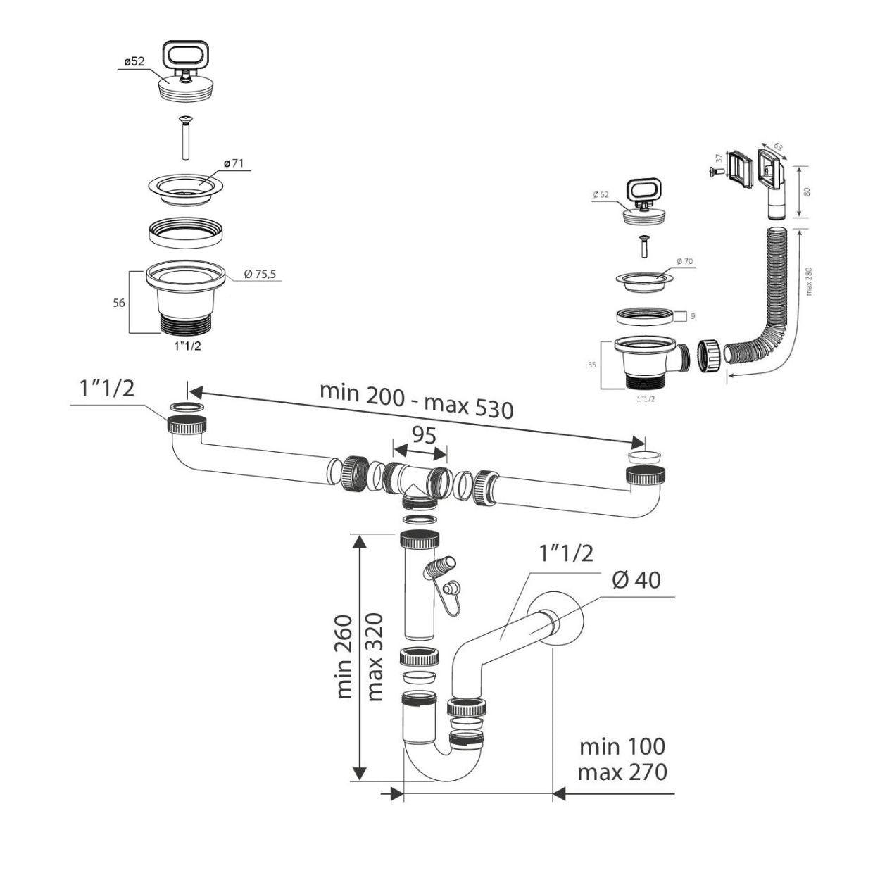 sifone a 2 vie con attacco lavastoviglie con piletta 2'', accessorio per cucina o bagno moderno