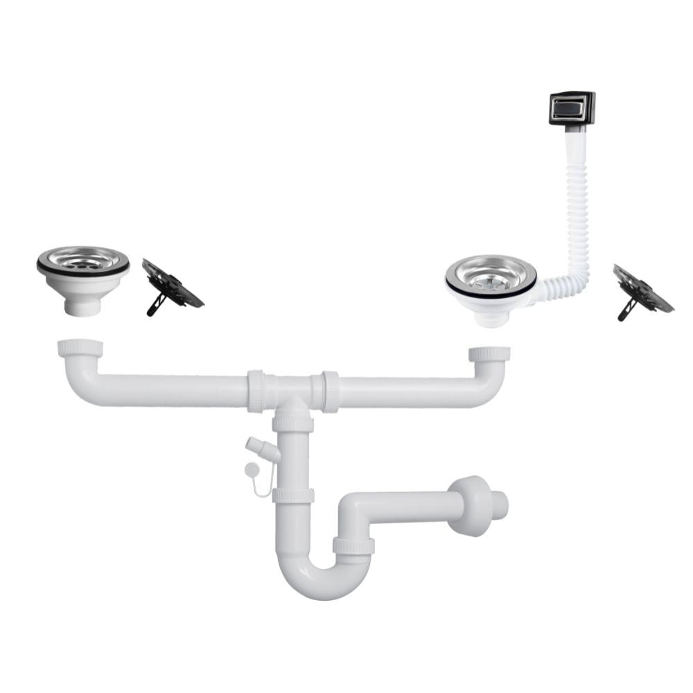 sifone per lavelli a 2 vie con pilettone eco con attacco lavastoviglie, rubinetto visto frontalmente