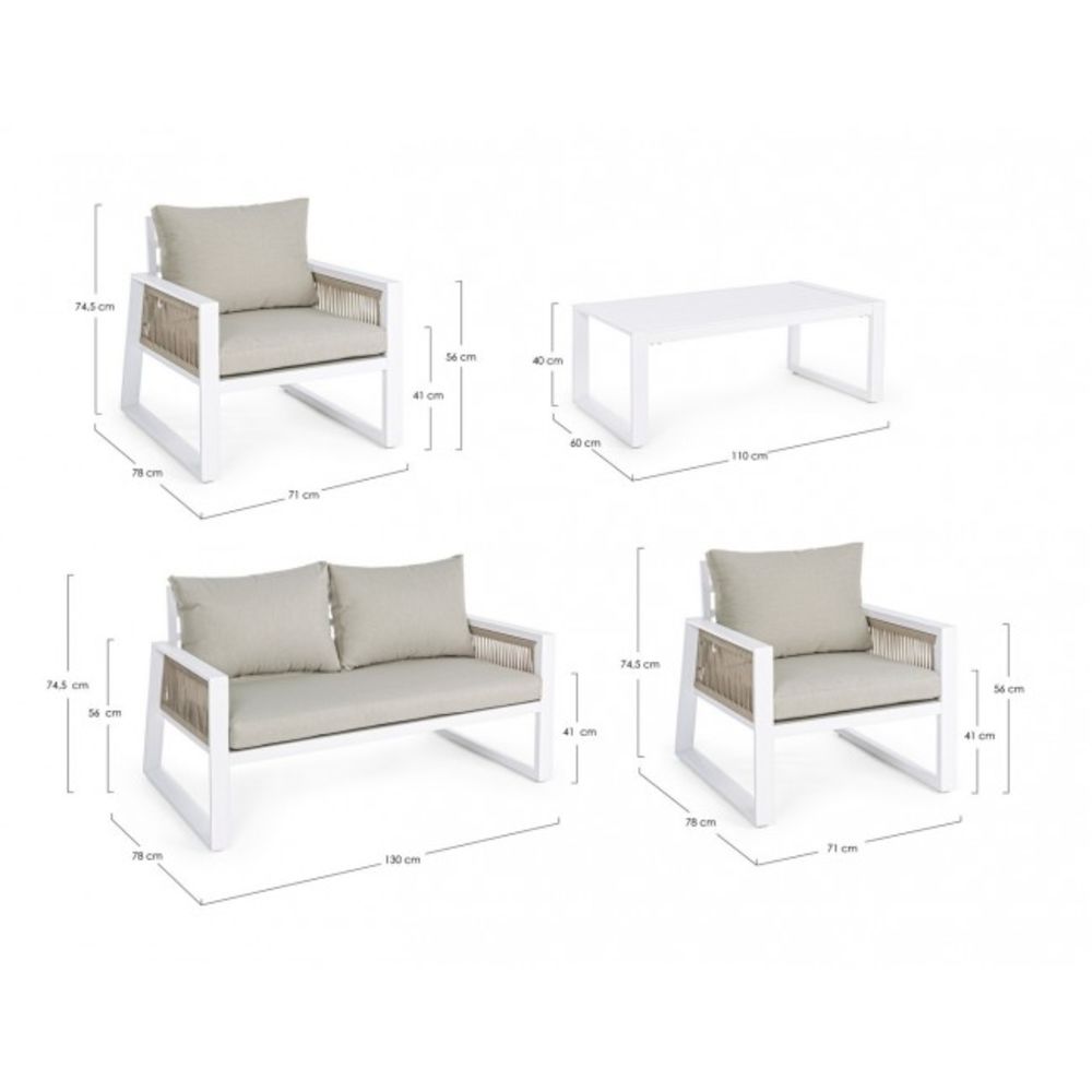 set salotto captiva con 1 divano, 2 poltrone e 1 tavolino in alluminio bianco textilene tortora, ambientazione in terrazza,...