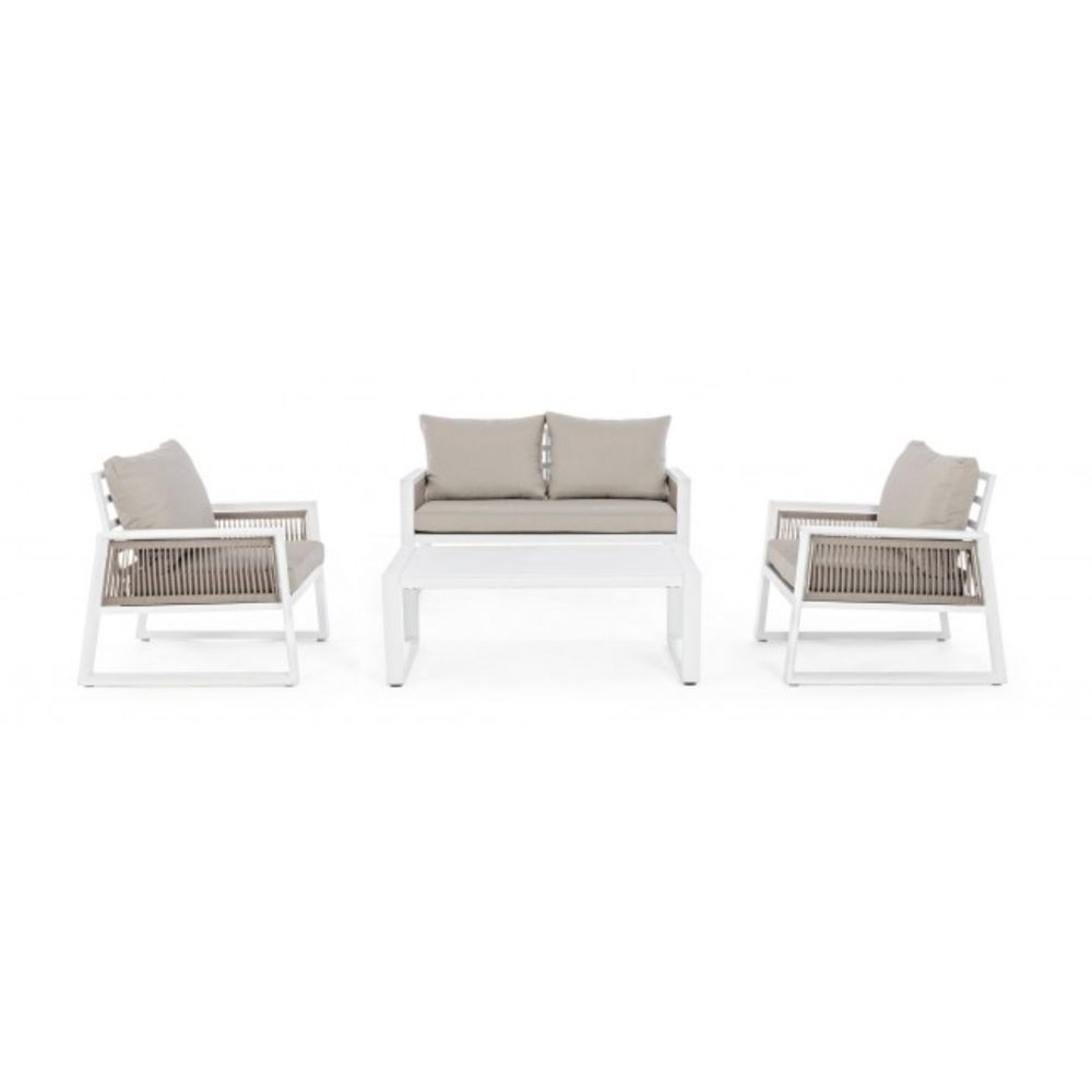 set salotto captiva con 1 divano, 2 poltrone e 1 tavolino in alluminio bianco textilene tortora, perfetto per momenti di...