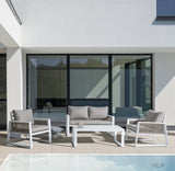 set salotto captiva con 1 divano, 2 poltrone e 1 tavolino in alluminio bianco textilene tortora, cuscini sfoderabili e...