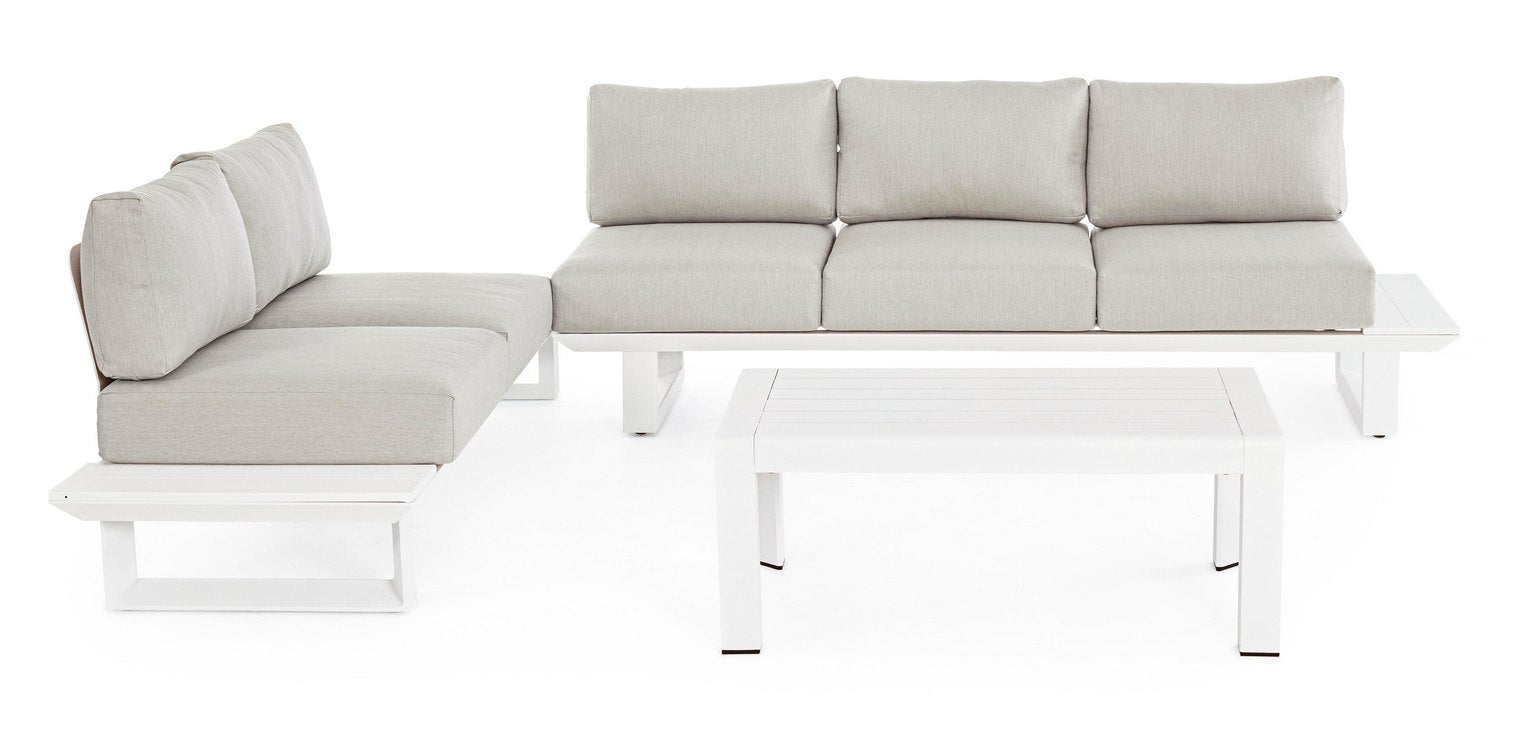 set salotto konnor con 2 divani e 1 tavolino in alluminio bianco, dettaglio dei materiali: rattan, legno o metallo trattato