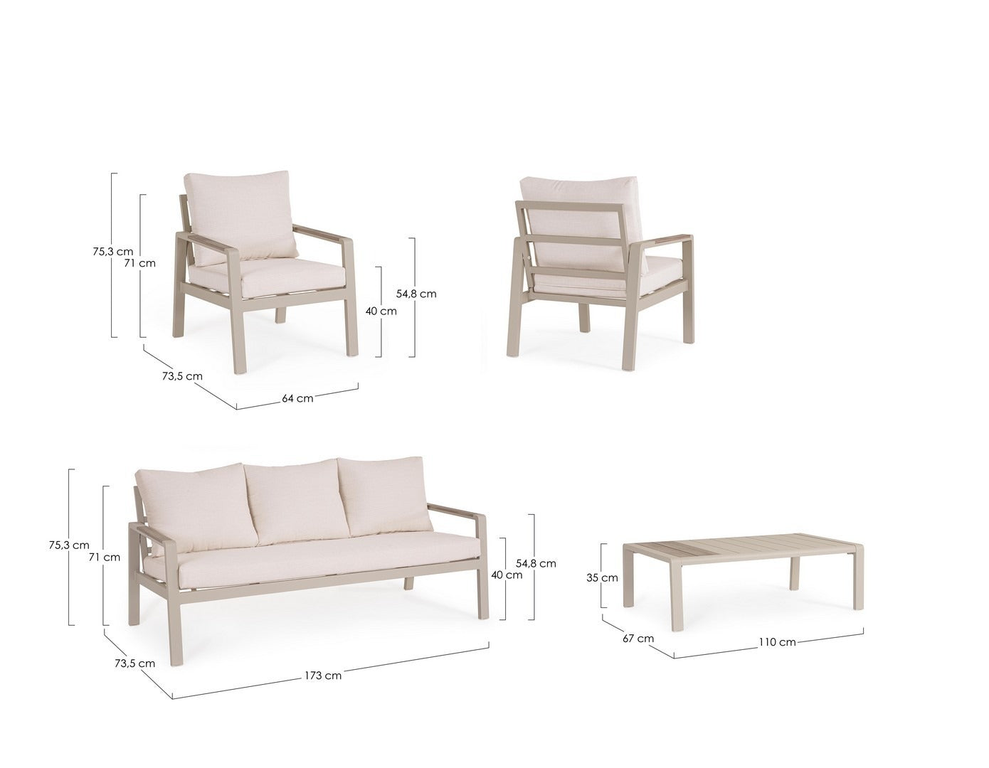 set salotto elna con 1 divano, 2 poltrone e 1 tavolino in alluminio tortora con inserti in polywood, ambientazione in...