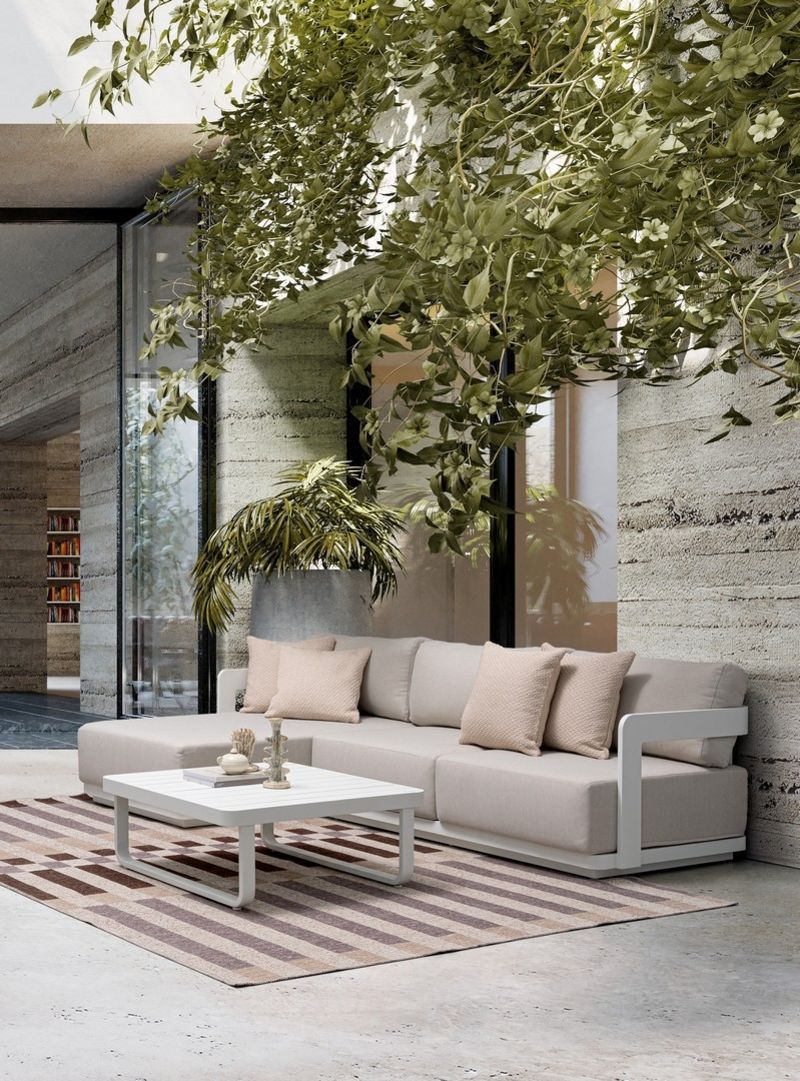 set salotto mariel con divano a 2 posti, chaise longue e tavolino, cuscini sfoderabili e resistenti agli agenti atmosferici