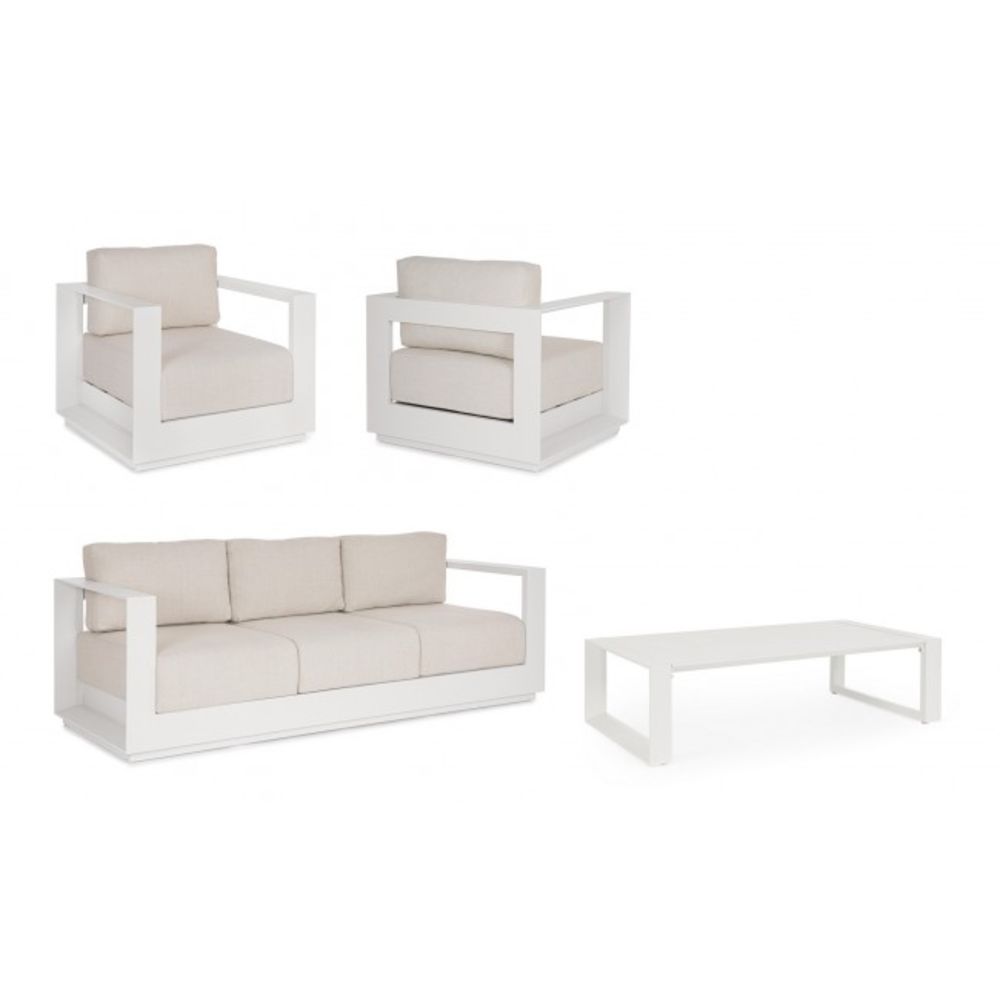 set salotto moses con 1 divano, 2 poltrone e 1 tavolino in alluminio bianco panna, dettaglio dei materiali: rattan, legno o...