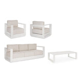 set salotto moses con 1 divano, 2 poltrone e 1 tavolino in alluminio bianco panna, dettaglio dei materiali: rattan, legno o...