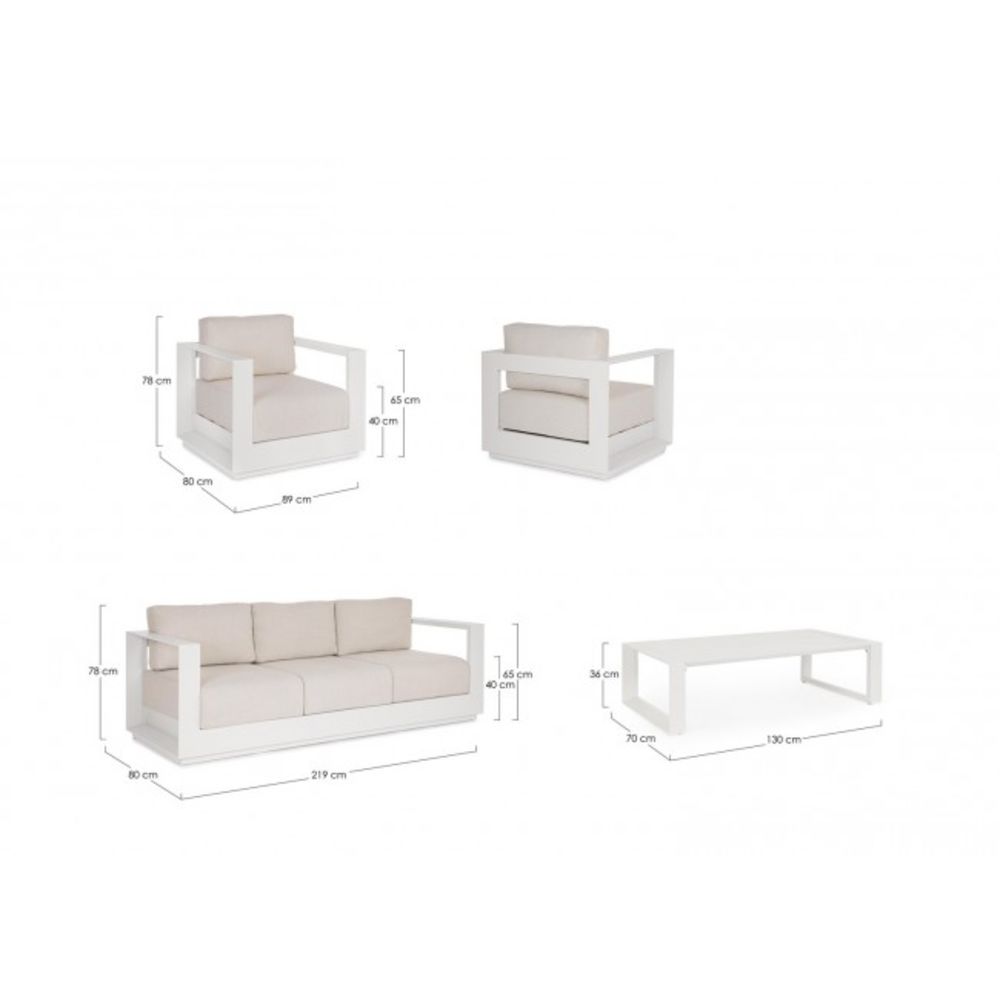 set salotto moses con 1 divano, 2 poltrone e 1 tavolino in alluminio bianco panna, ambientazione in terrazza, patio o bordo...