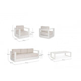 set salotto moses con 1 divano, 2 poltrone e 1 tavolino in alluminio bianco panna, ambientazione in terrazza, patio o bordo...