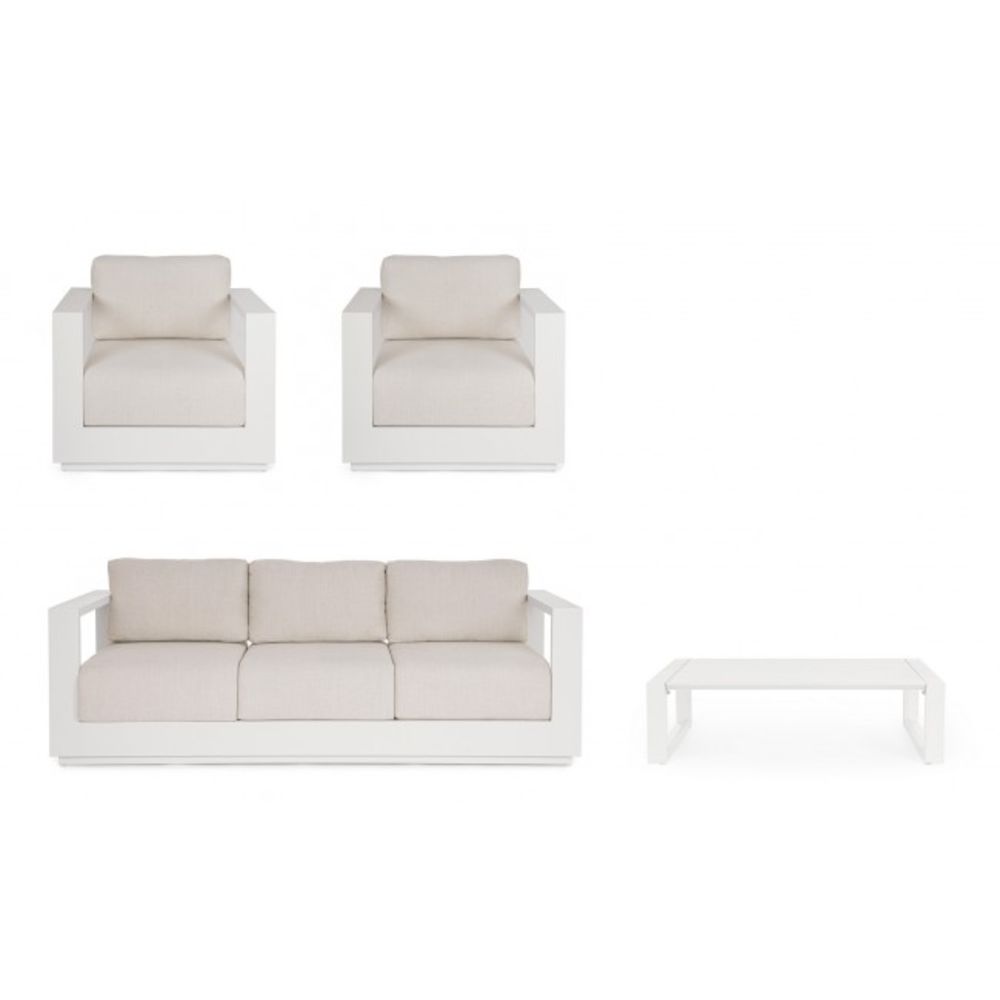 set salotto moses con 1 divano, 2 poltrone e 1 tavolino in alluminio bianco panna, design elegante per arredare giardini...