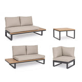 set salotto angolare zelmar in alluminio antracite, color legno e tessuti beige, ambientazione in terrazza, patio o bordo...