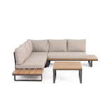 set salotto angolare zelmar in alluminio antracite, color legno e tessuti beige, perfetto per momenti di relax all’aperto