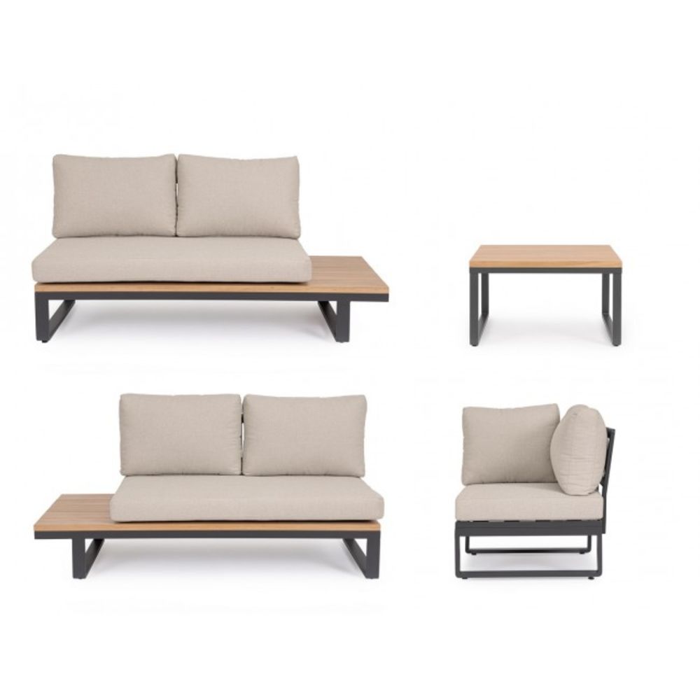 set salotto angolare zelmar in alluminio antracite, color legno e tessuti beige, design elegante per arredare giardini...