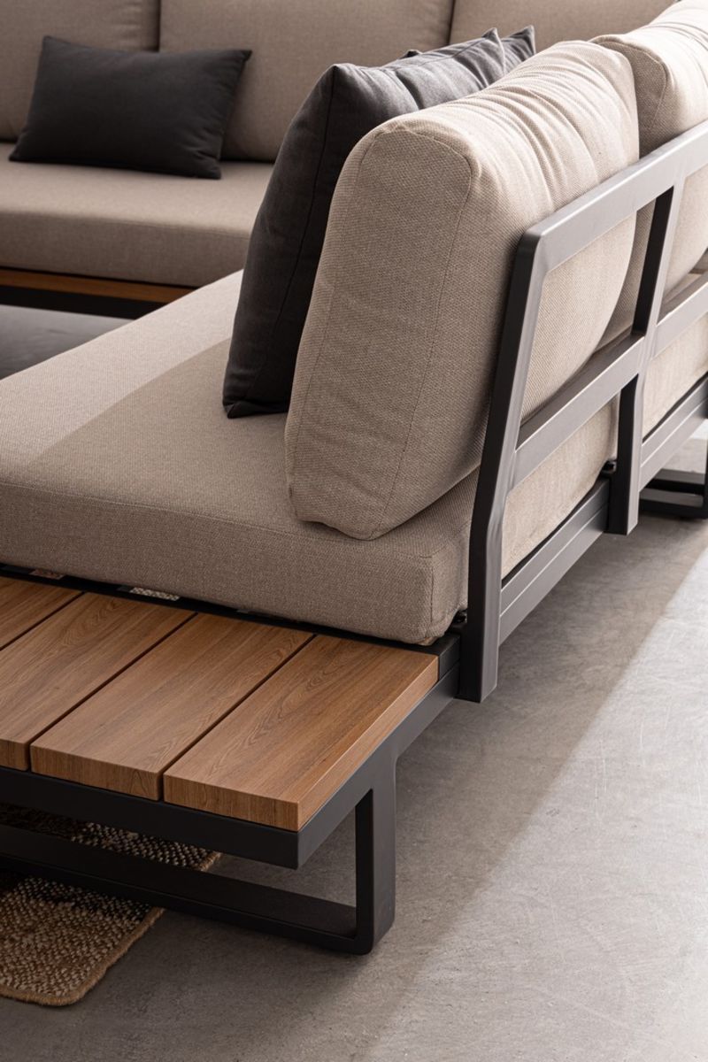 set salotto angolare zelmar in alluminio antracite, color legno e tessuti beige, struttura robusta e leggera, facile da...