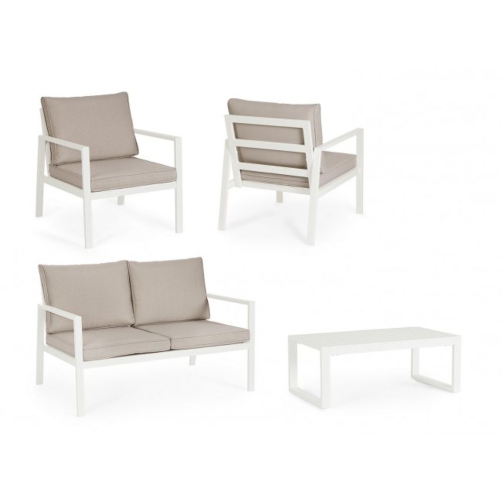 set salotto hilde con 1 divano, 2 poltroncine e 1 tavolino in alluminio bianco, con cuscini, dettaglio dei materiali:...