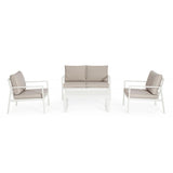 set salotto hilde con 1 divano, 2 poltroncine e 1 tavolino in alluminio bianco, con cuscini, ambientazione in terrazza,...