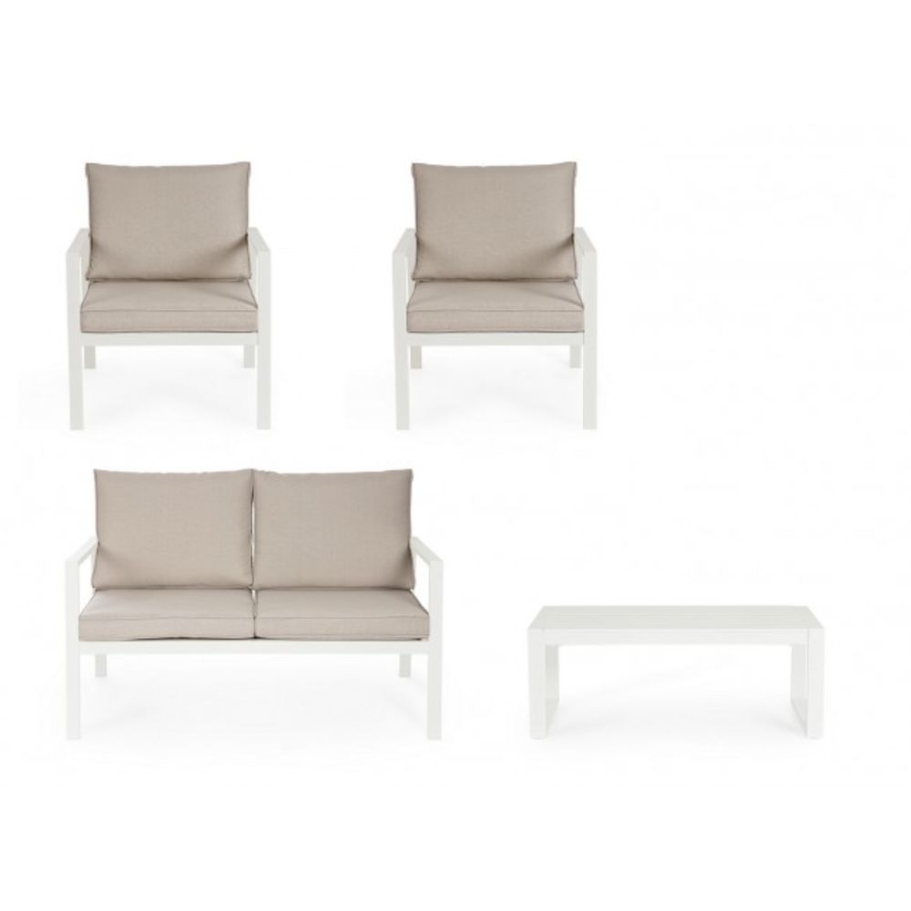 set salotto hilde con 1 divano, 2 poltroncine e 1 tavolino in alluminio bianco, con cuscini, perfetto per momenti di relax...