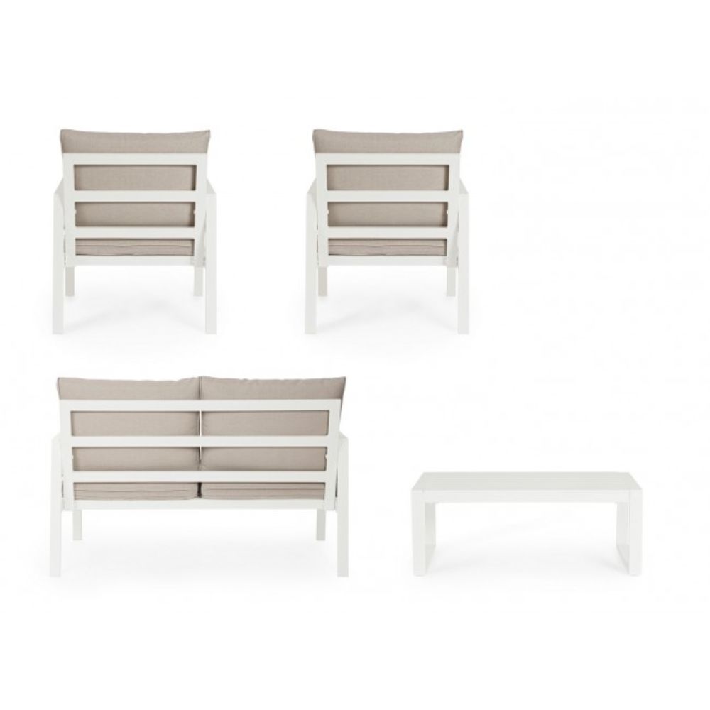 set salotto hilde con 1 divano, 2 poltroncine e 1 tavolino in alluminio bianco, con cuscini, design elegante per arredare...