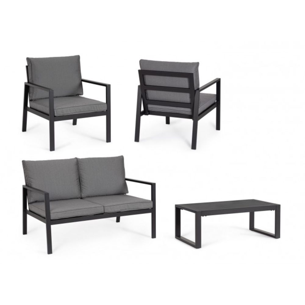 set salotto hilde con 1 divano, 2 poltroncine e 1 tavolino in alluminio antracite, con cuscini, dettaglio dei materiali:...