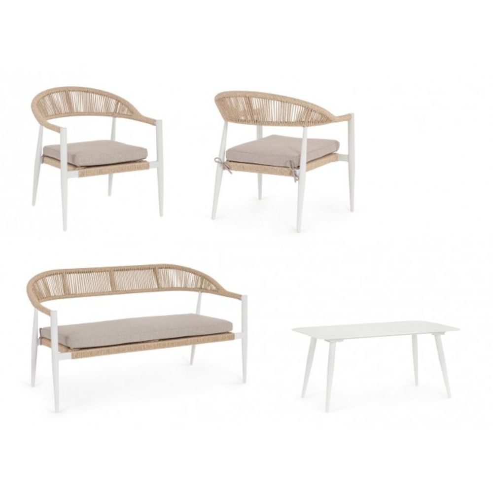 set salotto jandia con 1 divano, 2 poltrone e 1 tavolino in alluminio bianco e fibra intrecciata naturale, dettaglio dei...