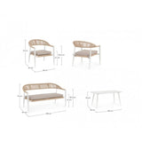 set salotto jandia con 1 divano, 2 poltrone e 1 tavolino in alluminio bianco e fibra intrecciata naturale, ambientazione in...