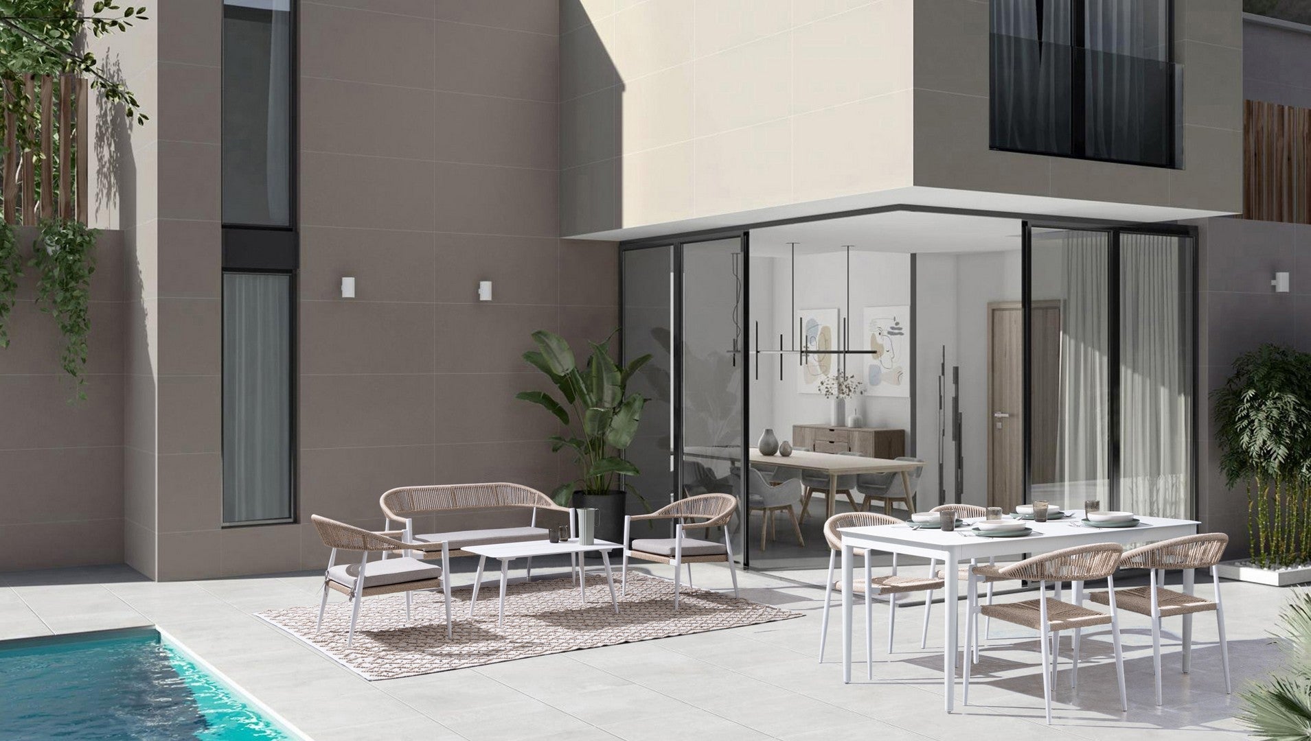 set salotto jandia con 1 divano, 2 poltrone e 1 tavolino in alluminio bianco e fibra intrecciata naturale, struttura robusta...