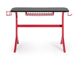 scrivania gaming in legno e pvc nero con base acciaio rosso, 118 x 65 cm, ambientazione d’arredo con il prodotto protagonista