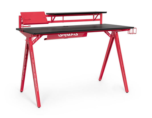 scrivania gaming in legno e pvc nero con base acciaio rosso, 135,5 x 60 cm, vista frontale del prodotto