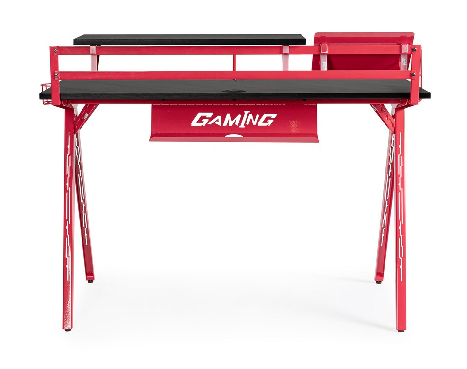 scrivania gaming in legno e pvc nero con base acciaio rosso, 135,5 x 60 cm, ambientazione d’arredo con il prodotto...