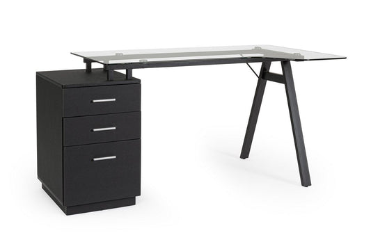 scrivania charlie in vetro temperato e base acciaio nero, con cassettiera 150,5 x 80 cm, vista frontale del prodotto