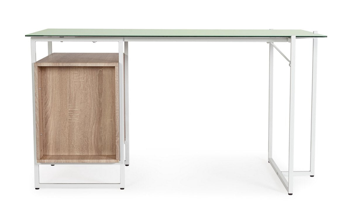 scrivania thomas in vetro temperato e base acciaio bianco, con cassettiera 142 x 69 cm, ambientazione d’arredo con il...