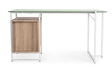 scrivania thomas in vetro temperato e base acciaio bianco, con cassettiera 142 x 69 cm, ambientazione d’arredo con il...