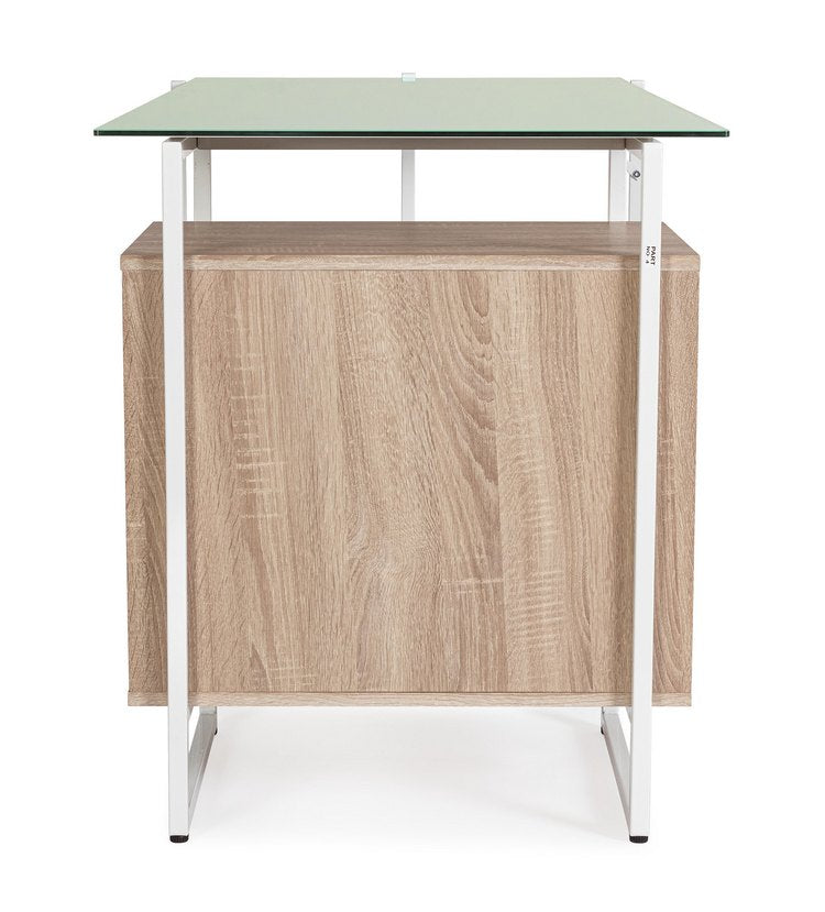 scrivania thomas in vetro temperato e base acciaio bianco, con cassettiera 142 x 69 cm, ambientazione d’arredo con il...