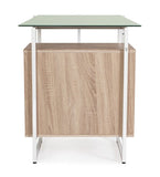 scrivania thomas in vetro temperato e base acciaio bianco, con cassettiera 142 x 69 cm, ambientazione d’arredo con il...