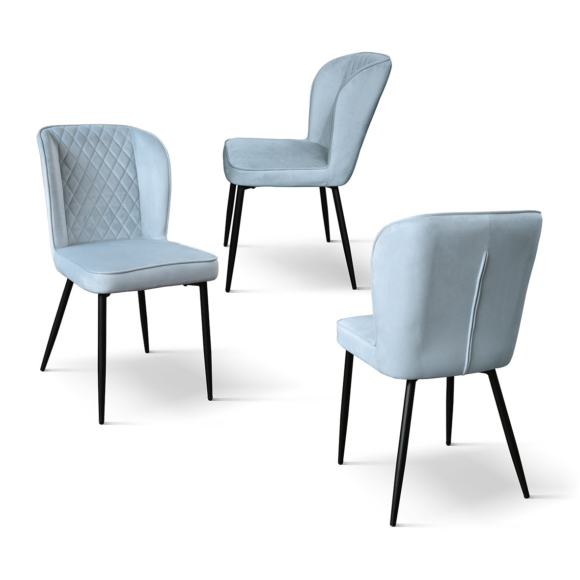 set di 4 sedie soho effetto velluto azzurro, dettaglio della struttura in legno, metallo o plastica