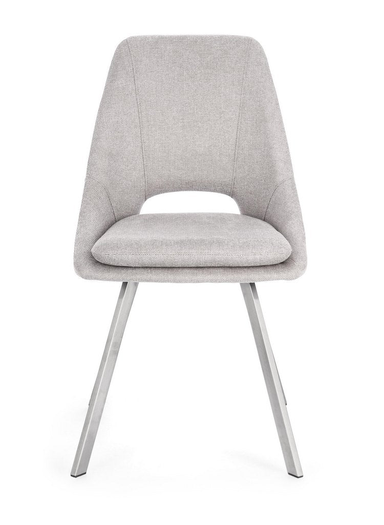 set di 2 sedie kashar in tessuto grigio chiaro e gambe acciaio, dettaglio della struttura in legno, metallo o plastica